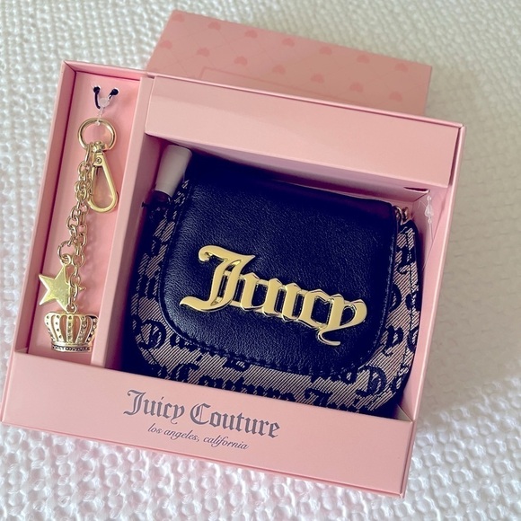 Juicy Couture Crossbody Mini bag gold Chain Logo Pattern Black Tan One Size - Picture 1 of 12